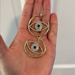 Gold and Blue Evil Eye Hoop Earrings